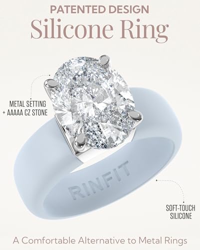 Rinfit Silicone Ring with Stone - Oval Cut Cubic Zirconia Solitaire Engagement Ring for Women - Rubber Wedding Bands - Patented Design - color: Pack E: Soft Blue / Silver