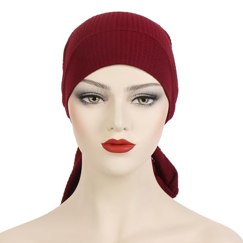 YYAOJHAO Pre Tied Bandanas Headscarf for Women - Solid Wave Chemotherapy Caps Headwrap Chemo Turban Headwear Hats - color: Wine