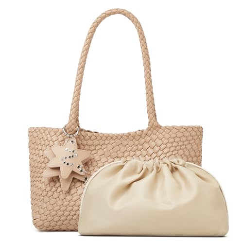 Woven Tote Bag for Women with Purse, Fashion Shoulder Hobo Underarm Bags, Large Woven Handmade Work Commuter Day Bags - color: White