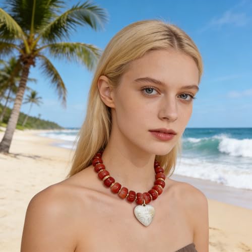 Chunky Colorful Beaded Statement Boho Summer Beach Chokers Necklace Heart Pendant Pink Green Yellow Brown Fashion Jewelry - color: Gold-Brown