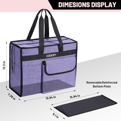 Large Utility Tote Bag with Reinforced Bottom, Waterproof Multi Pockets Beach Tote Bag for Travel, Work, School - color: Purple
