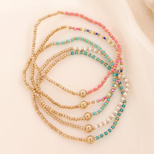 Gold Beaded Stackable Friendship Bracelets Set for Women, Handmade Boho Stretch Summer Jewelry Gift. - color: gold white green pink