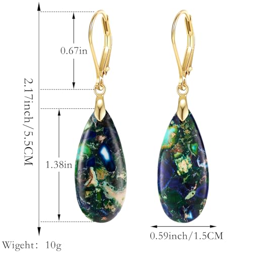 XGALBLA Boho Long Teardrop Stone Dangle Drop Earrings for Women Natural Healing Stone Leverback Earrings Statement Gold Tone - color: Blue&Green- Golden Leverback