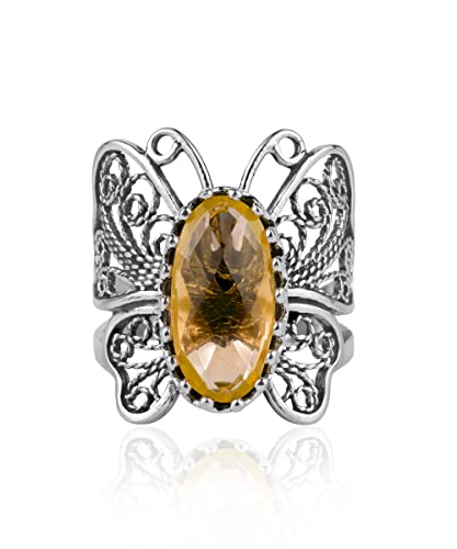 Filigranist Sterling Silver Filigree Art Butterfly Women Cocktail Ring with Gemstones - color: Citrine