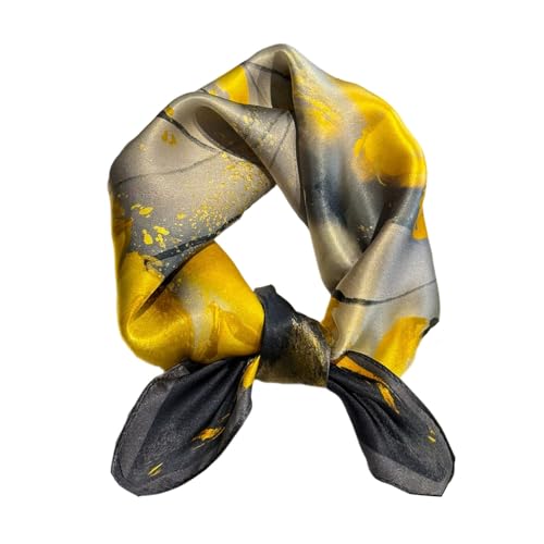 FONYVE 100% Mulberry Silk Scarfs for Women-Lightweight Square Satin Head Scarf-Small Silk Hair Scarf for Sleeping 21"x21" - color: 22 Yellow & Black Flower