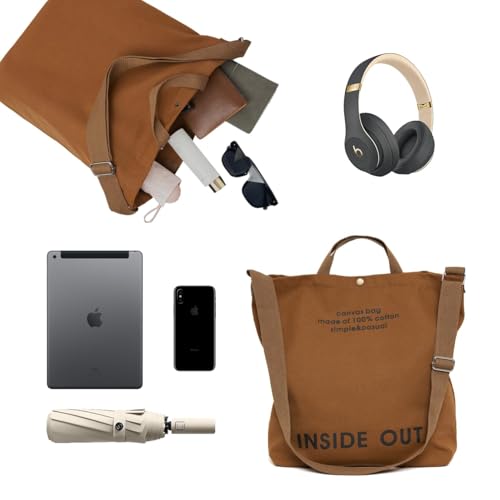Canvas Tote Bag For Women inside out bag Crossbody Handbag with Adjustable Strap and Coin Purse for Work,Travel,Grocery - color: Brown