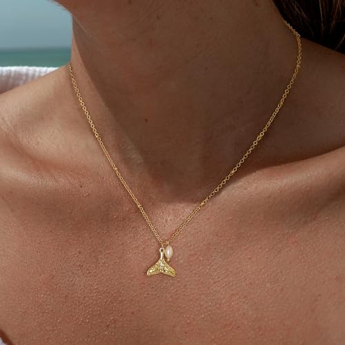 Ewrkbr Gold Necklace for Women,14K Gold Plated Shell Starfish Beach Necklaces Cute Boho Pendant Necklace Fashion Summer Waterproof Pearl Jewelry for Women - color: NK-fishtial