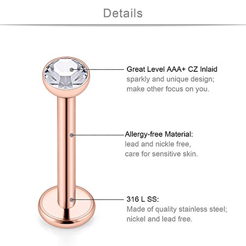SCERRING 6 Pairs 14G Stainless Steel Clear CZ Internally Threaded Labret Monroe Lip Tragus Cartilage Helix Earring Ring Body Piercing Jewelry 6-10mm - style: 10mm Rose Gold