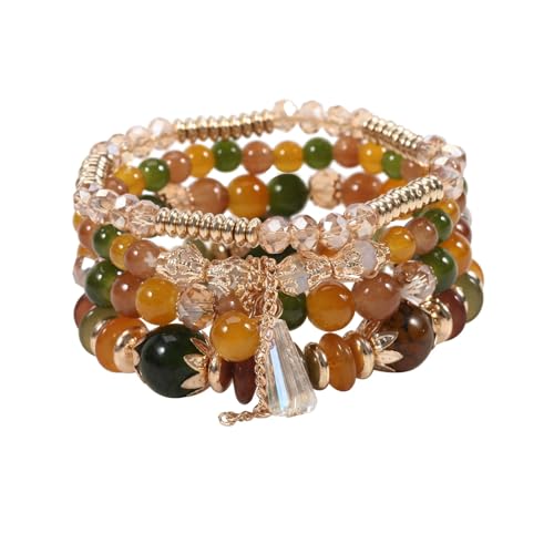 Caiyao 4Pcs Bohemia Multilayer Stackable Beaded Bracelets Set Colorful Crystal Stone Gold Beaded Stretch Bracelets Hawaii Charm Bracelet for Women Men Summer Beach Boho Vacation Jewelry Gifts - color: Reseda green