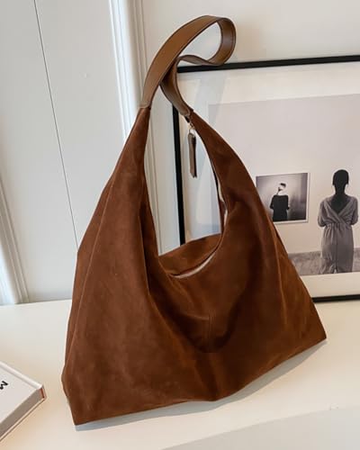 Womens Fashion Suede Shoulder Bags Large Tote Bag Retro Purse Handbag Casual Work Ladies Top Handle Satchel - color: B-brown
