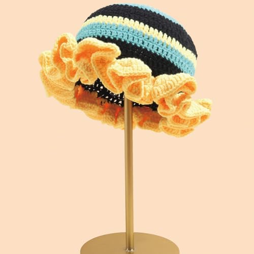KORADI Womens Crochet Bucket Hat Ruffled Brim Knitted Hats Winter Boho Handmade Caps - color: Yellow&black