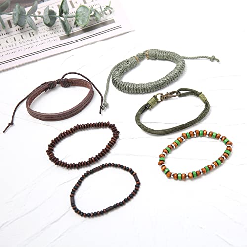 HZMAN Wrap Bracelets Men Women, Hemp Cords Wood Beads Ethnic Tribal Bracelets, Leather Wristbands - style: Wooden Beaded