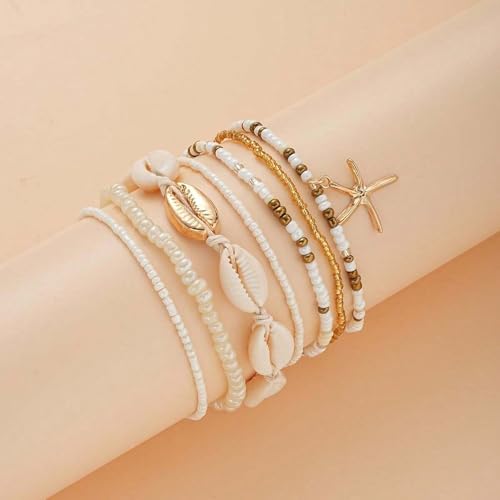 Qceasiy Shell Ankle Bracelet Set for Women, Gold Plated Boho Bead Adjustable Anklet, Hawaiian Beach Seashell Pearl Heart Starfish Conch Foot Jewelry Gifts - color: Starfish Shell 7Pcs