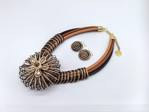 Statement African Necklace For Women African Jewelry Costume Earring Sets Tribal Fashion Colorful Big Rhinestone Crystal Pendent Collar Choker Bold Chunky Bib Handmade - color: Flower Brown