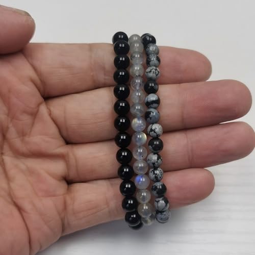 6mm Obsidian Labradorite Stackable Bracelet Set for Women | Round semi-precious stone beads elastic stretch fit calming yoga crystal, stackable daily wear & nice jewelry gift for women
