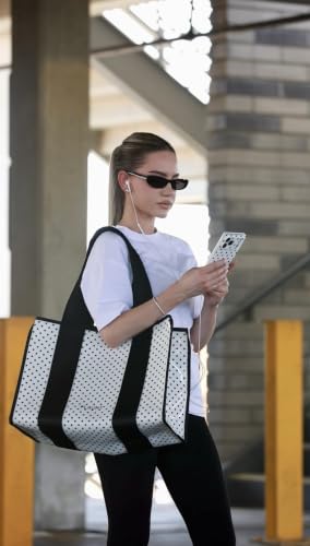 FLAUNT Everyday Tote Bag with Phone Pouch for Women - Lightweight, Airline Approved, Easy To Carry, Foldable & Washable - color: White Polka Dot