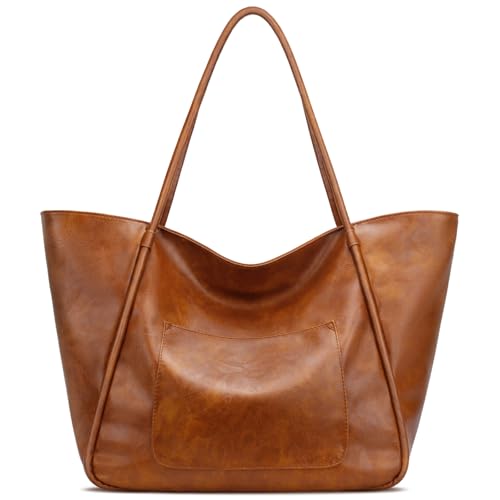 KKXIU Large Tote Bag for Women with Zipper Work Leather Travel Purse and Handbags - color: Brown