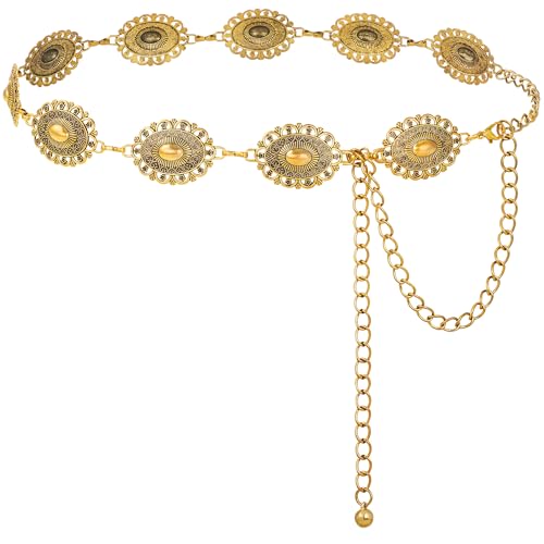 FIORETTO Western Waist Chain Belt Metal Concho Belt for Women Cowgirl Cowboy Boho Country Belt for Dress Jean - color: Gold-24, size: Fit Waist Up to 46"