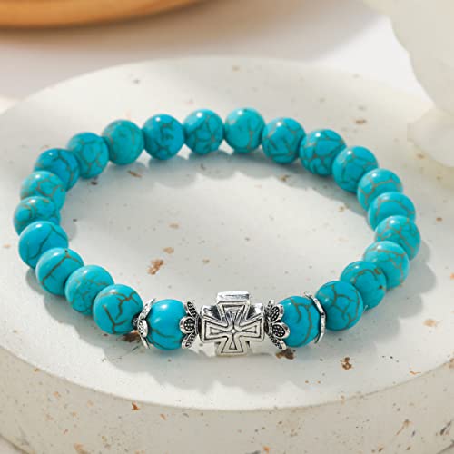 Turquoise Bracelet for Women, 8mm Beaded Stretchable Unisex Bracelet, Boho Turquoise Bead Bracelet Stone Beaded Bracelets Turquoise Jewelry for Women - color: Metal Cross
