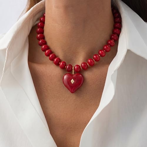Elegance 11 designs Chunky Heart Necklace for Women, Colorful Acrylic Beaded Statement Puff Heart Necklace, Cute Boho Y2K Choker Necklace for Gift Jewelry - color: Red