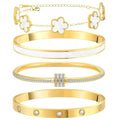 MOINSPIRE Gold Bracelets for Women, 18K Gold Plated Tennis Nail Clover love Bangle Bracelets Set Non Tarnish, Stainless Steel Trendy Stackable Bracelet Fashion Jewelry Accessories Gifts for Christmas - color: C2-White