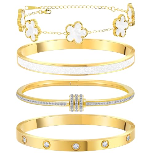MOINSPIRE Gold Bracelets for Women, 18K Gold Plated Tennis Nail Clover love Bangle Bracelets Set Non Tarnish, Stainless Steel Trendy Stackable Bracelet Fashion Jewelry Accessories Gifts for Christmas - color: C2-White