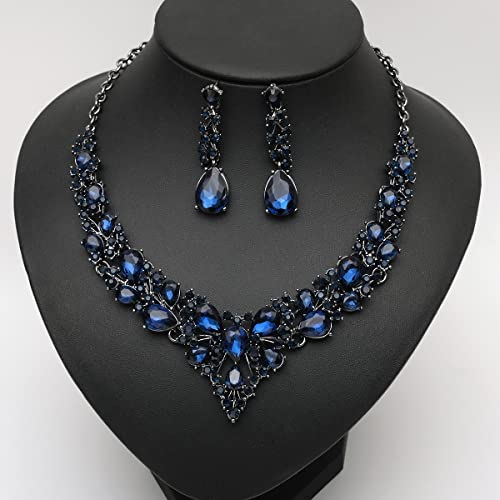 CSY 4 Pcs/Set Austrian Crystal Necklace Earrings Bracelet Ring Bridal Jewelry Sets for Brides Wedding Party Costume Accessories Gifts for Women - color: 02-black-navy blue