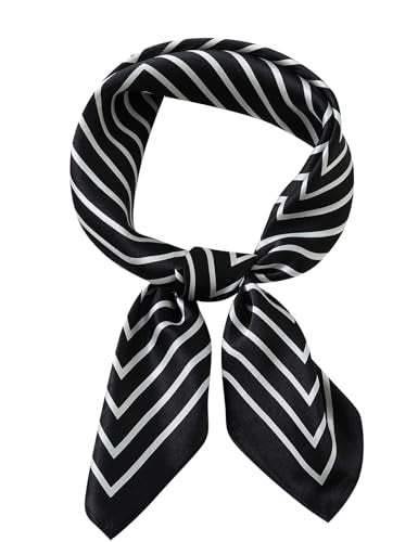 100% Mulberry Silk Neck Scarf 21''x21'' Small Square Hair Scarf for Women Men Lightweight Bandana Envelope Package - color: Classic Stripe- Black