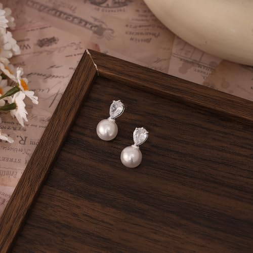 Pearl Earrings for Women, Dainty Wedding Bridal Earrings 14k Gold Plated CZ Pearl Drop Earrings for Women Trendy Hypoallergenic Unique Gold Drop Earrings Fashion Prom Jewelry - color: Silver-A