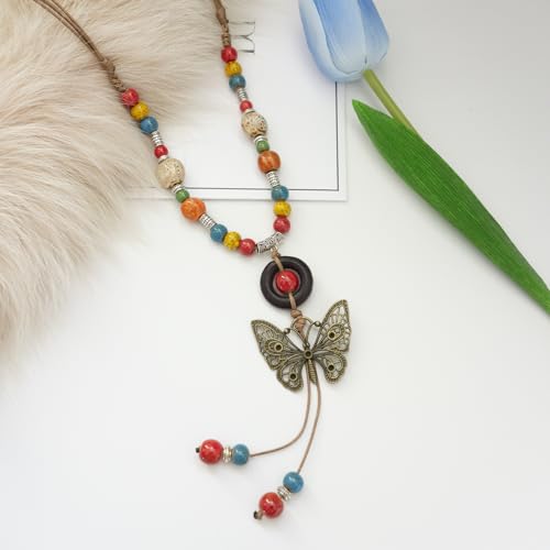 Boho Colorful Ceramic Bead Necklace for Women, Butterfly Pendant Necklace, Handmade Bohemian Statement Jewelry Gifts for Mom - color: Multi-L