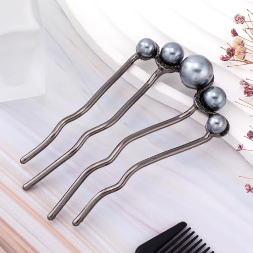 2 Pcs Pearl Hair Pins U Shaped, Elegant Vintage French Pearl Hair Comb, French Twist Hair Pin for Brides, Bridesmaid, Party, Daily, Holiday (Gun Black) - color: Gun Black