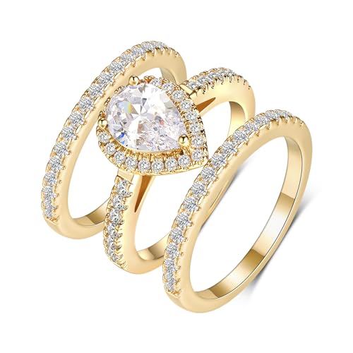 MDFUN Three in One Round/Oval/Eye/Teardrop Halo Wedding Bands Set Engagement Rings 18K Yellow Gold Plated Cubic Zirconia Promise Eternity Band for Women Size 5-10 - style: Teardrop