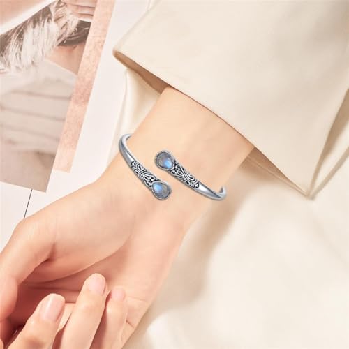 925 Sterling Silver Genuine Gemstone Bracelet for Women Men Handmade Adjustable Boho Navajo Style Bangle Cuff Natural Stone Jewelry Gift - color: Labradorite