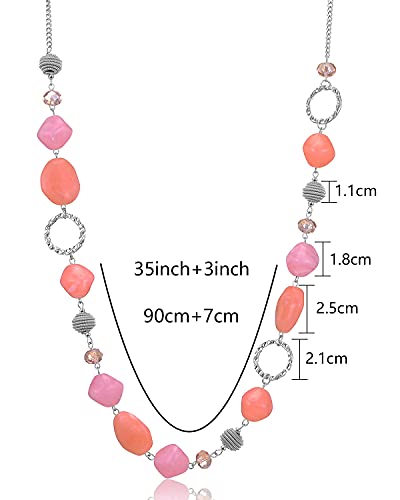 BULINLIN Beaded Long Necklace for Women Silver Sweater Chain Necklace with Crystal Resin Beads, Fashion Jewelry Necklace - color: 53-Dark light pink
