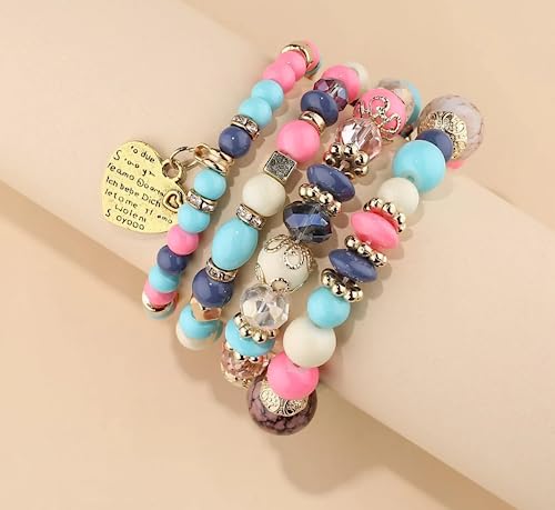 Women Beaded Bracelet Set | Colorful Boho Stackable Trendy Design with Crystal Accents Multilayer Bangle Bracelet | Fashion Stretch Braclets Jewelry for Women - color: Mixed-Pink