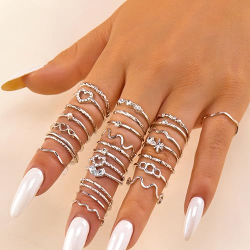 Gold Rings for Women Non Tarnish Stackable Rhinestone Moon Star Rings Dainty Stacking Pearl Butterfly Midi Pinky Thumb Joint Finger Knuckle Ring Set Gold Non Tarnish Jewelry Gifts Trendy Stuff - color: D Silver Stackable Rings 28Pcs