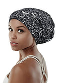 Adjustable Satin Lined Sleep Cap for Dreadlocks Curly Hair Large Head-Stay On Overnight - color: Black Off-white