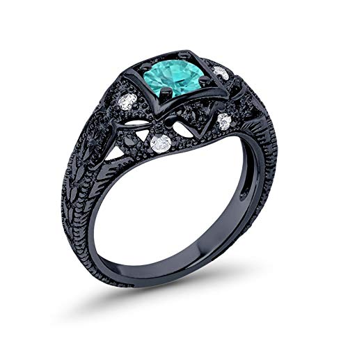 Blue Apple Co. Art Deco Ring Round Cubic Zirconia Leaf Filigree Design Split Shank Twisted Band Bridal Statement Wedding Engagement Rings For Women 925 Sterling Silver Gifts For Her - color: Black Tone, Simulated Paraiba Tourmaline CZ