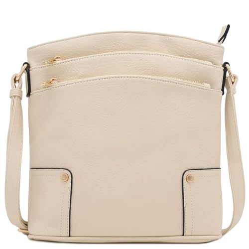 ALYSSA Triple Zip Pocket Large Crossbody Bag - color: Beige