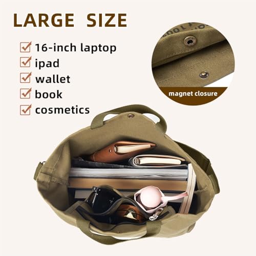 Canvas Tote Bag For Women inside out bag Crossbody Handbag with Adjustable Strap and Coin Purse for Work,Travel,Grocery - color: Khaki