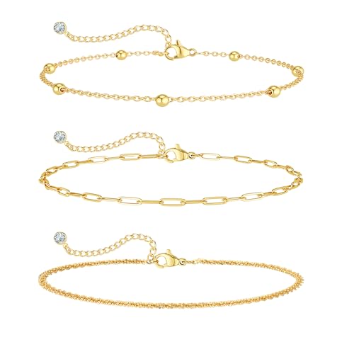 MIDEEO Gold/Silver Ankle Bracelets for Women,14K Gold Anklets for Women Waterproof Cuban Link Heart Beads Herringbone Rhinestone Anklets Set Layered Anklet Bracelets for Women Gold Jewelry Gift - style: 3Pcs Anklets H-Gold