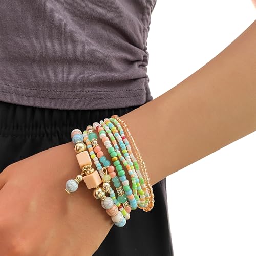 IFKM 8PCS Beaded Bracelets for Women, Multilayered Stackable Strand Stretch Bead Bracelet Pack Handmade Trendy Bohemian Charm Jewelry - color: Colorful