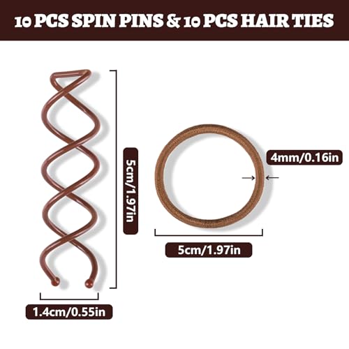 Teenitor 20Pcs Spiral Hair Pins, Spiral Bobby Pins, Twist Hair Pins for Buns, Spin Pins Hair Bun Maker for Women Girls with 10 Hair Ties, Brown - color: Brown