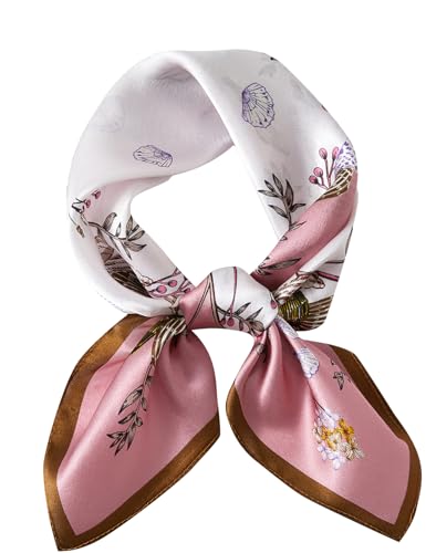 100% Mulberry Silk Neck Scarf 21''x21'' Small Square Hair Scarf for Women Men Lightweight Bandana Envelope Package - color: Shell Flower- Pink