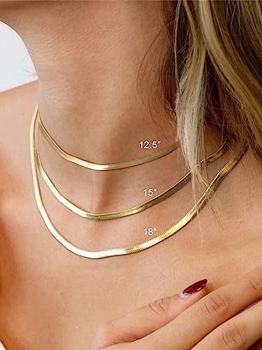 FOCALOOK 14K Gold Plated Necklaces for Women, Fashion Herringbone Choker Necklace Stainless Steel Flat Snake Chain 3/5MM(W) 12.5"/15"/18"+3.5"(L) - color: 3MM-14K Gold-18"