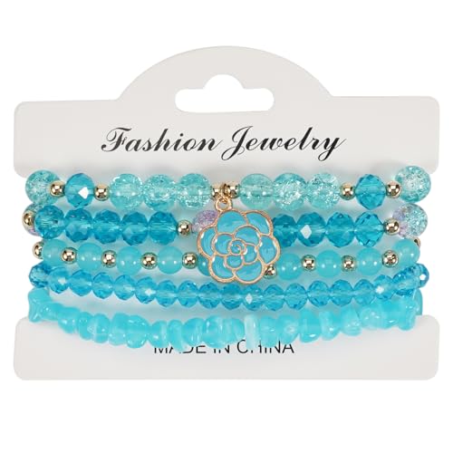 LOTSOF Boho Flower Beaded Bracelet Set for Women - Multilayer Crystal & Flower Charm Stackable Bracelets, Fashion Jewelry Gift for Her - color: Blue