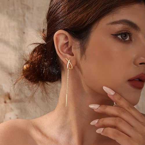 14K Gold Plated Dangle Earrings for Women Chain Dangling Long Earrings Trendy CZ/Twisted X Hoop Studs Dainty Threader Earrings Wedding Hanging Drop Dangly Minimalist Jewelry Gifts for Woman - style: 3