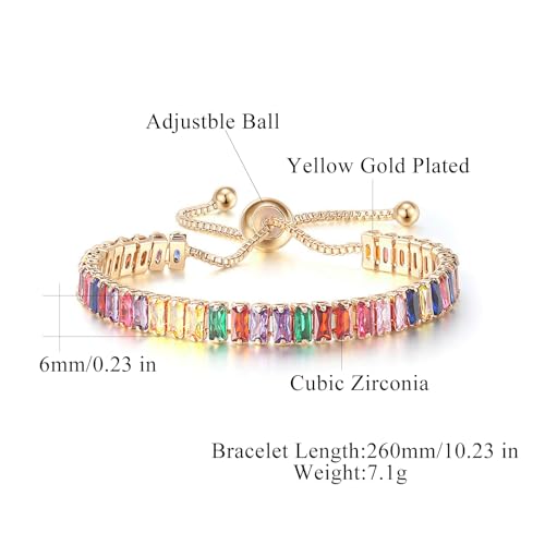 CiNily Adjustable Tennis Bracelets for Women Teen Girls Rainbow Cubic Zirconia Bracelet 14K White Gold Plated Hypoallergenic Slider Bracelet Jewelry Gift - color: Adjustable-Square Yellow Gold