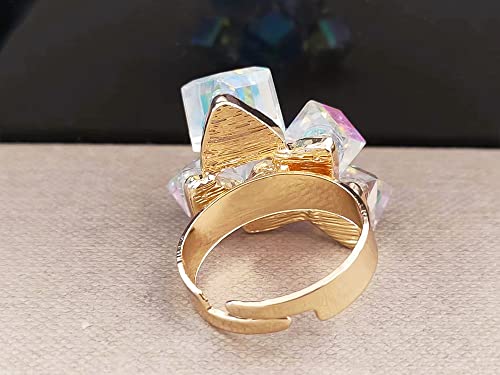 Hebelee Boho Square Crystal Statement Ring for Women Gold-Toned Adjustable Expandable Promise Engagement Geometric Rings Comfort Fit Elegant Art Deco Birthday Christmas Cocktail Party Y2K Jewelry - color: AB Crystal