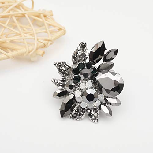 CSY Luxury Women's Austrian Crystal Leaves Flower Big Cocktail Statement Rings Stretch Adjustable Ring Jewelry Accessories - color: Black
